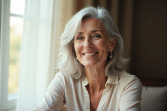 Femme élégante de soixante ans souriante près d'une fenêtre