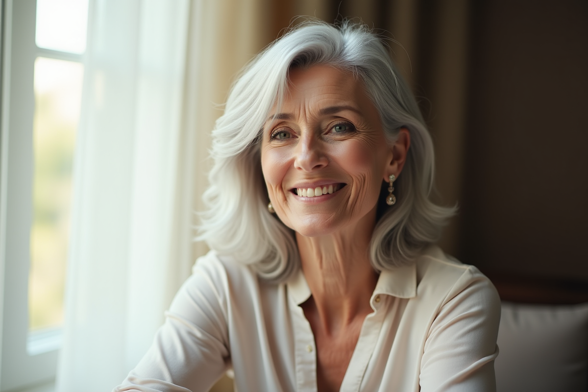 Femme élégante de soixante ans souriante près d'une fenêtre