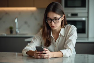 Jeune femme pensif regardant son smartphone dans la cuisine