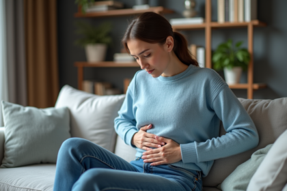Femme en souffrance abdominale dans un salon cosy