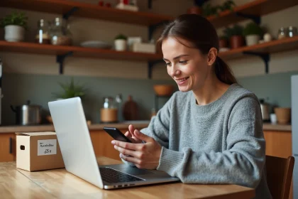 Femme consultant les tarifs Mondial Relay sur son smartphone à côté d'un colis prêt à être envoyé via Le Bon Coin
