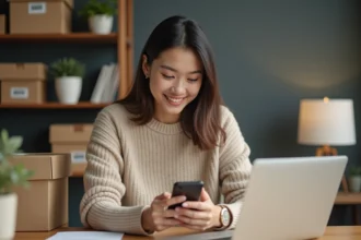 Jeune femme vérifiant un suivi de colis dans son bureau
