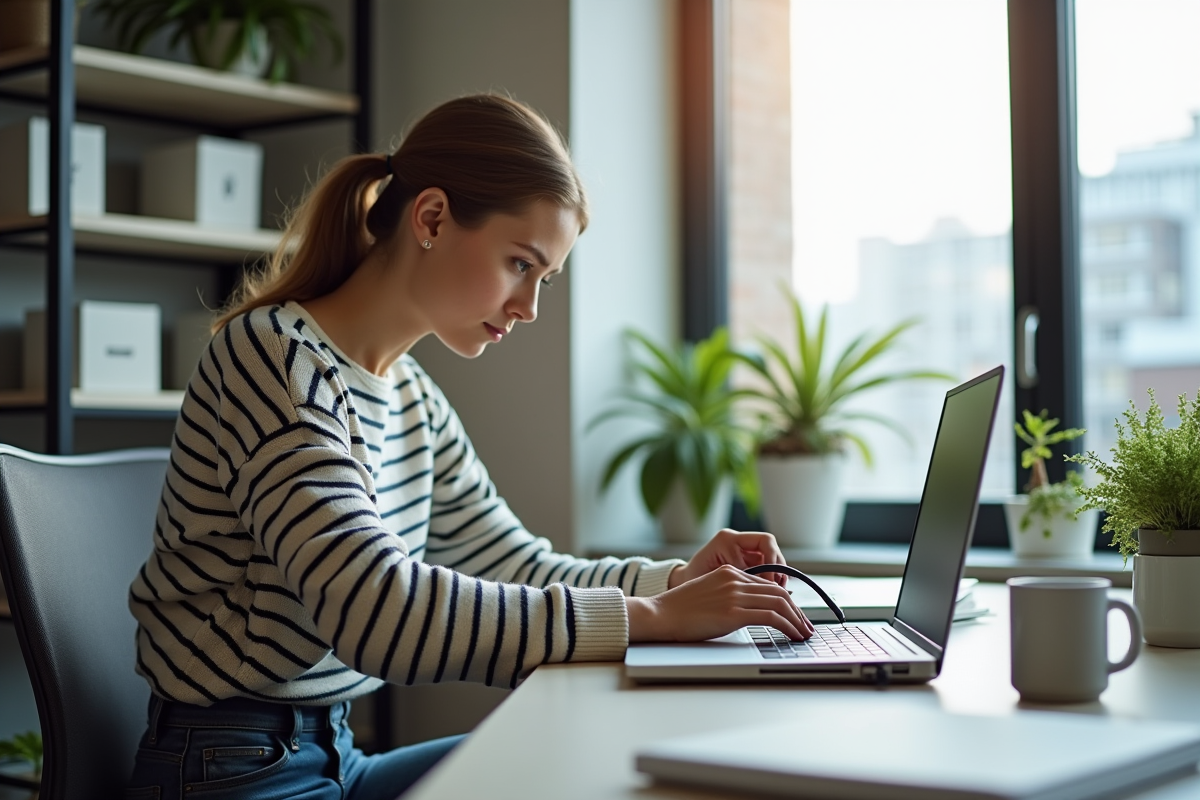 Jeune femme connectant un câble fibre dans un bureau lumineux