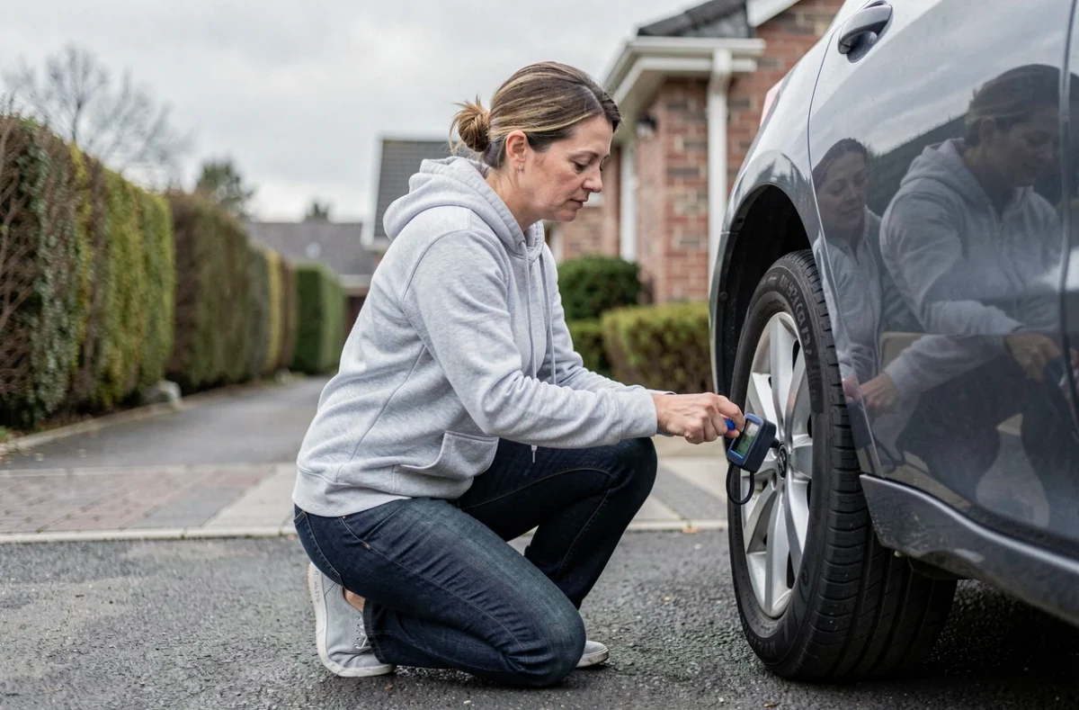 Femme vérifiant la pression d'un pneu de voiture avec un manomètre numérique dans une allée résidentielle