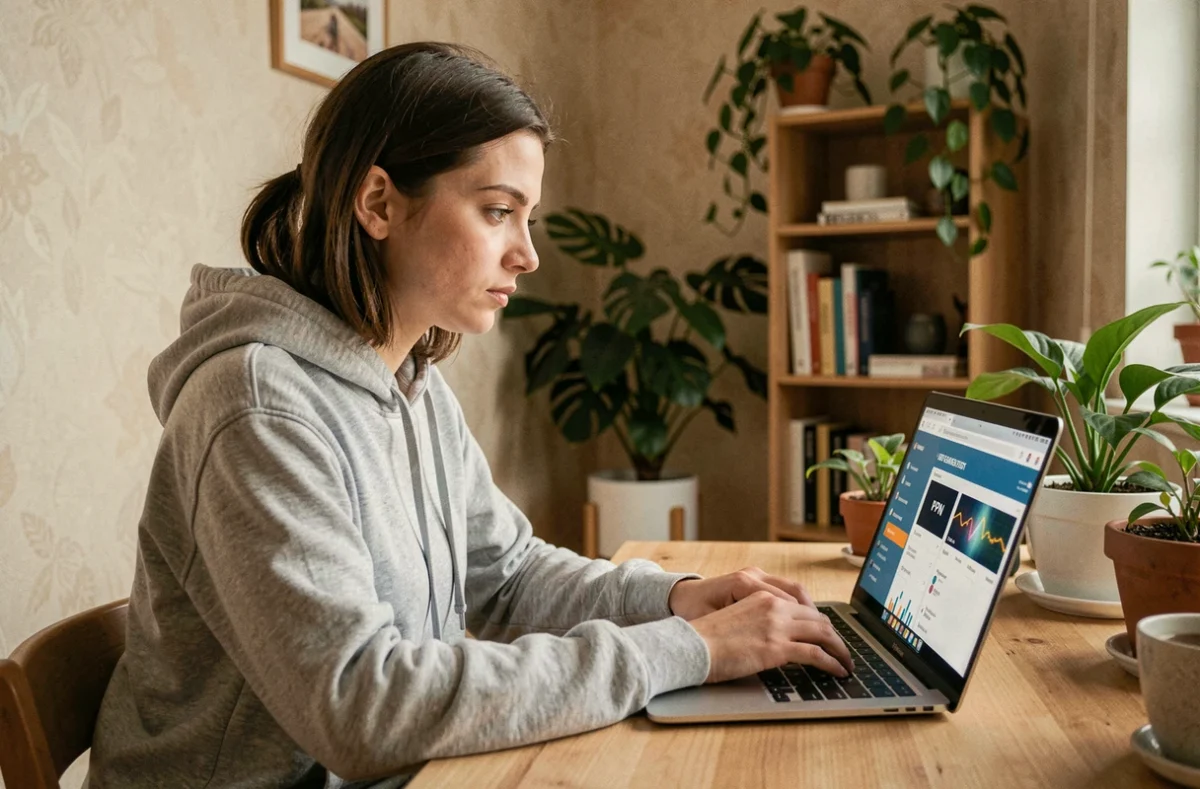 Jeune femme utilisant un VPN sur son ordinateur portable dans un bureau à domicile cosy