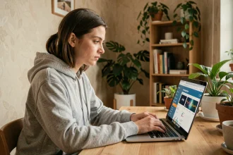 Jeune femme utilisant un VPN sur son ordinateur portable dans un bureau à domicile cosy