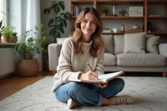 Femme calme en train de journaliser dans un salon cosy