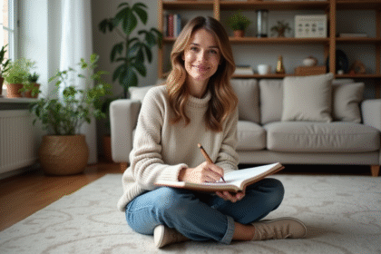 Femme calme en train de journaliser dans un salon cosy