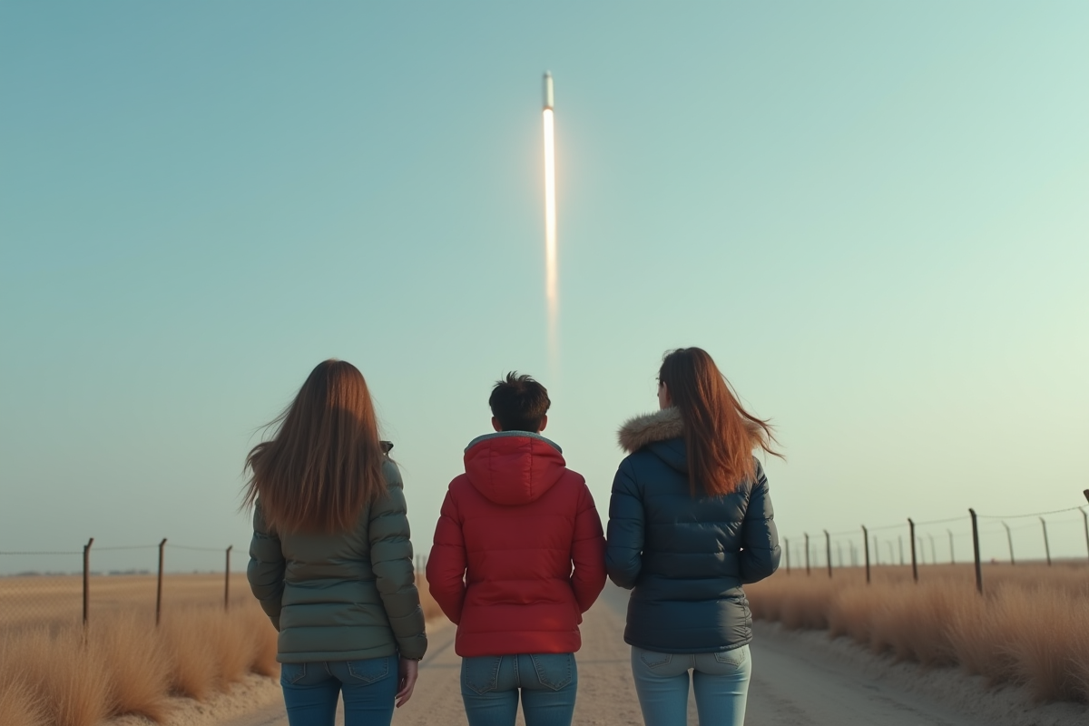 Jeunes femmes et homme regardant un rocket dans un champ