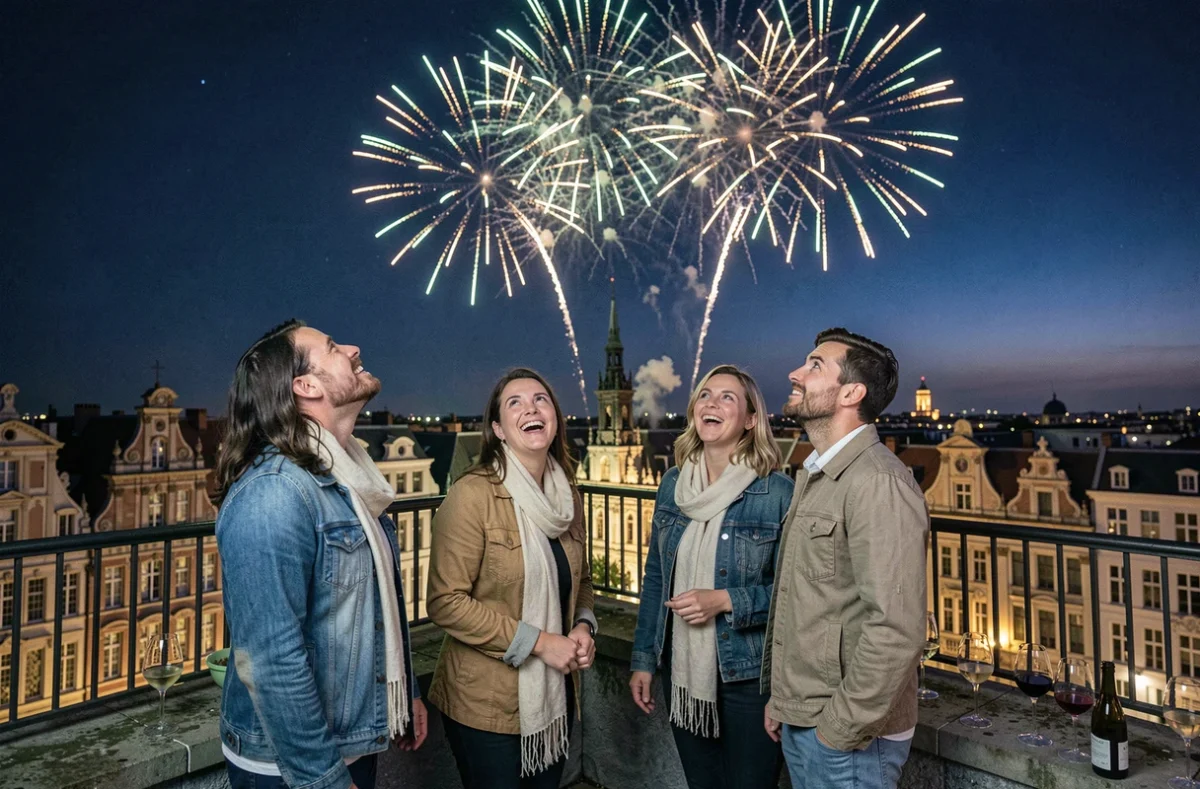 Groupe d'adultes sur une terrasse de toit à Lille regardant le feu d'artifice avec la Grand Place en arrière-plan