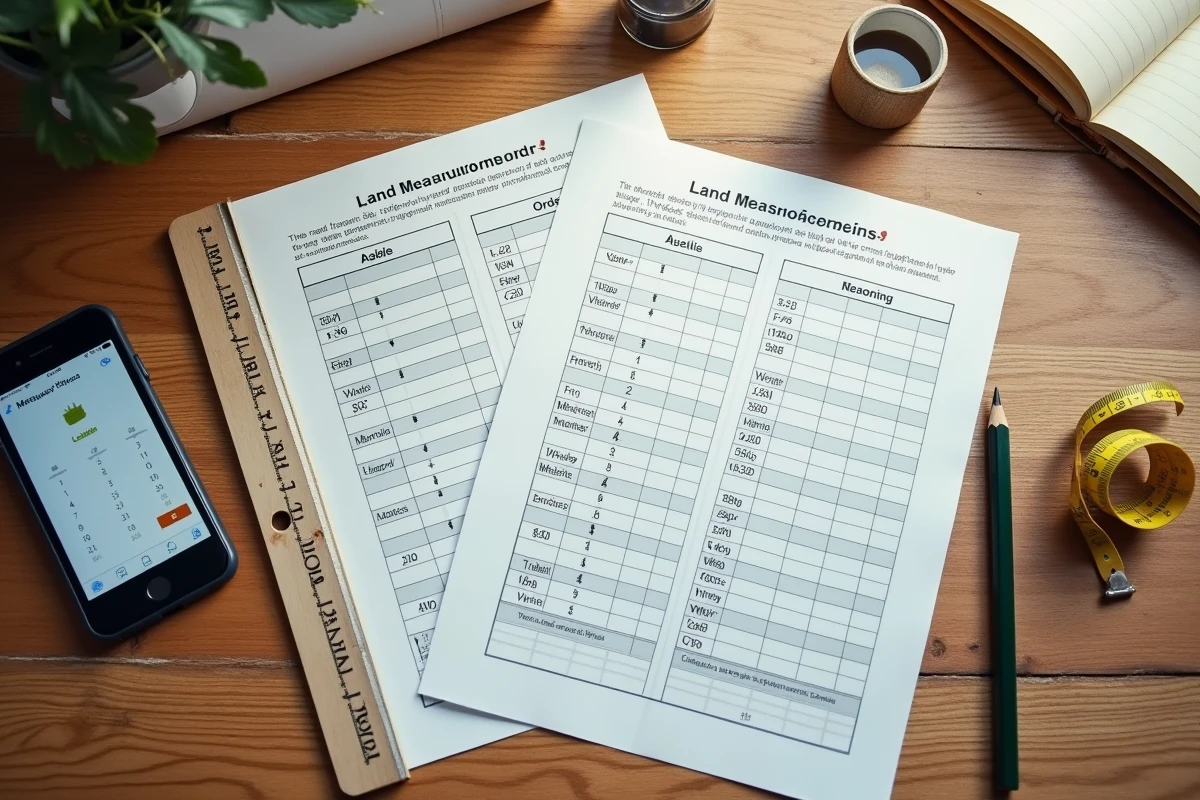 Vue de dessus d'un bureau avec feuille de calcul de conversion hectares en mètres carrés et calculatrice