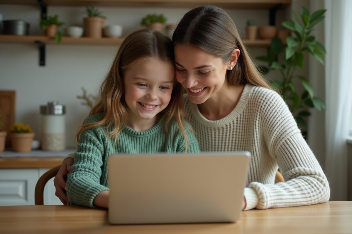 Fille de 9 ans avec sa mère à la table de cuisine