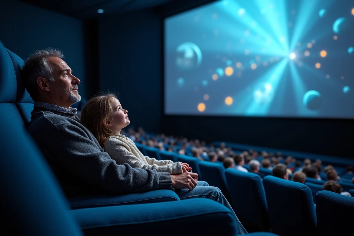 Pere et fille regardant un documentaire en IMAX