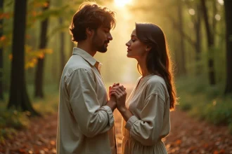 Couple de flammes jumelles se faisant face dans une forêt, mains touchant les bouts des doigts dans un moment de connexion spirituelle profonde
