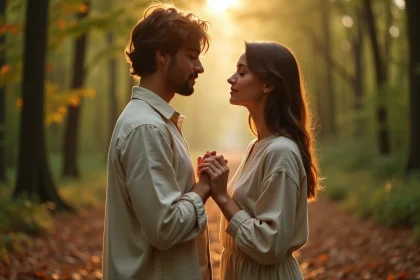 Couple de flammes jumelles se faisant face dans une forêt, mains touchant les bouts des doigts dans un moment de connexion spirituelle profonde