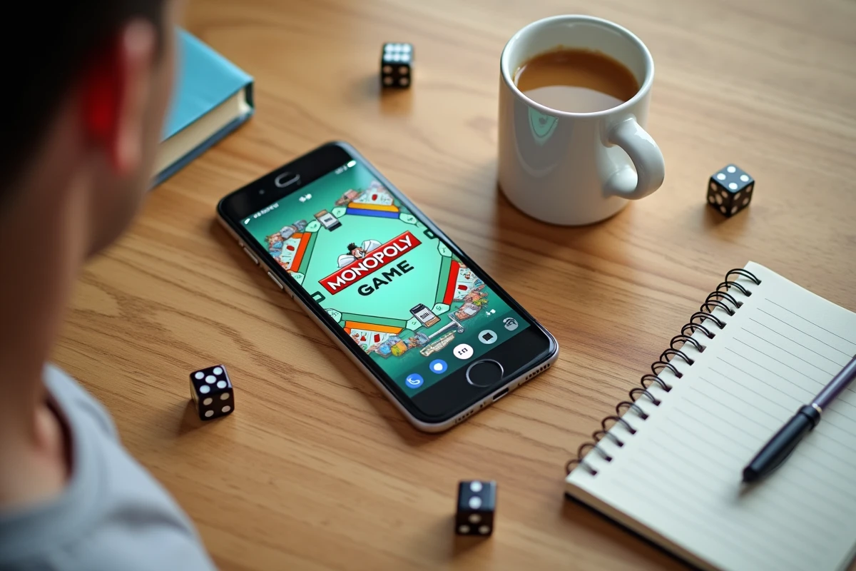 Vue du dessus d'un smartphone avec interface Monopoly GO entouré de dés et d'accessoires sur table en bois