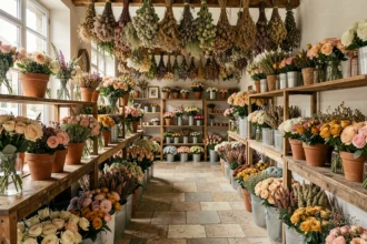 Intérieur d'une boutique de fleuriste artisanale en Auvergne-Rhône-Alpes avec des bouquets colorés et des compositions florales sur des étagères en bois rustique