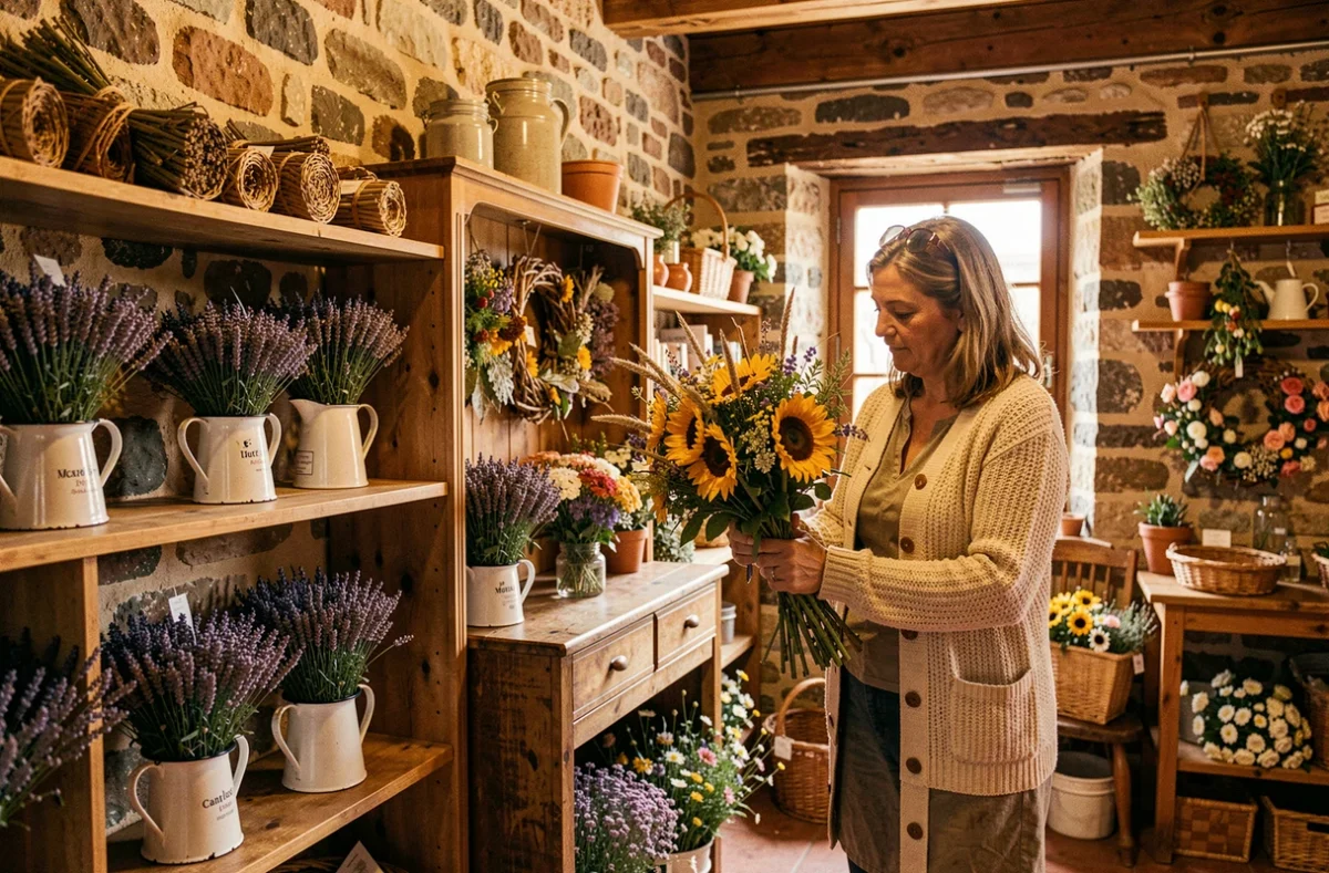 Intérieur rustique de la boutique Flor Décor à Murat dans le Cantal avec des fleurs séchées et des compositions champêtres sur des murs en pierre volcanique