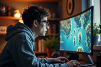 Jeune homme concentré analysant une carte digitale dans un bureau moderne