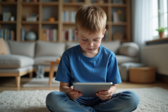 Garçon de 10 ans concentré sur sa tablette dans le salon