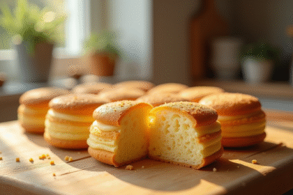 Gâteau joconde biscuit doré et moelleux sur planche en bois