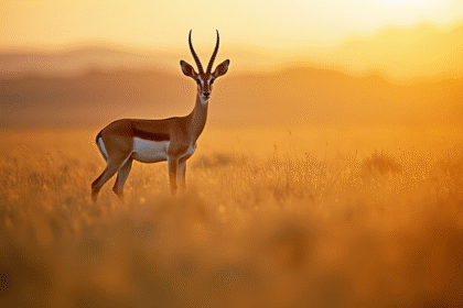 Gazelle en alerte dans la savane au coucher du soleil
