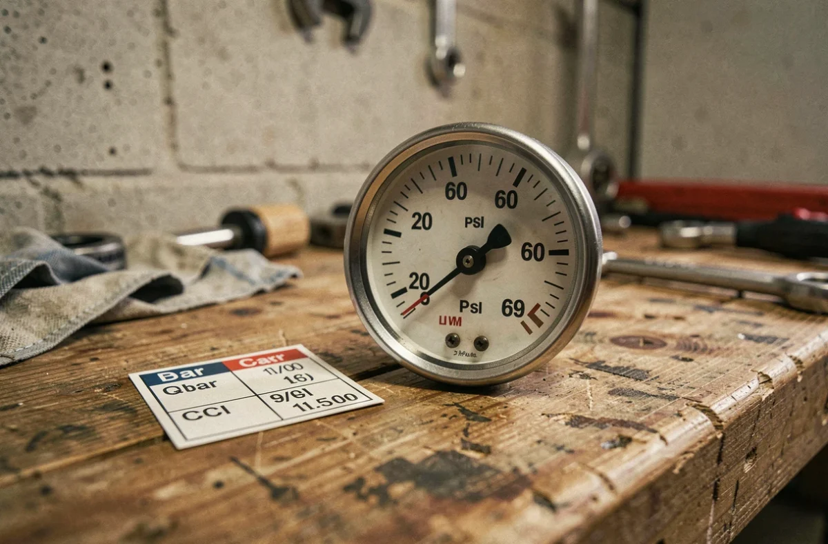 Gros plan d'un manomètre de pression de pneu affichant 69 psi avec tableau de conversion en bar
