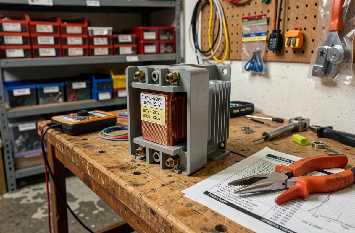 Gros plan d'un transformateur abaisseur 380V vers 220V posé sur un établi d'atelier électrique avec multimètre et schémas techniques