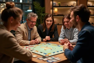 Groupe d'adultes jouant à Monopoly dans un salon moderne