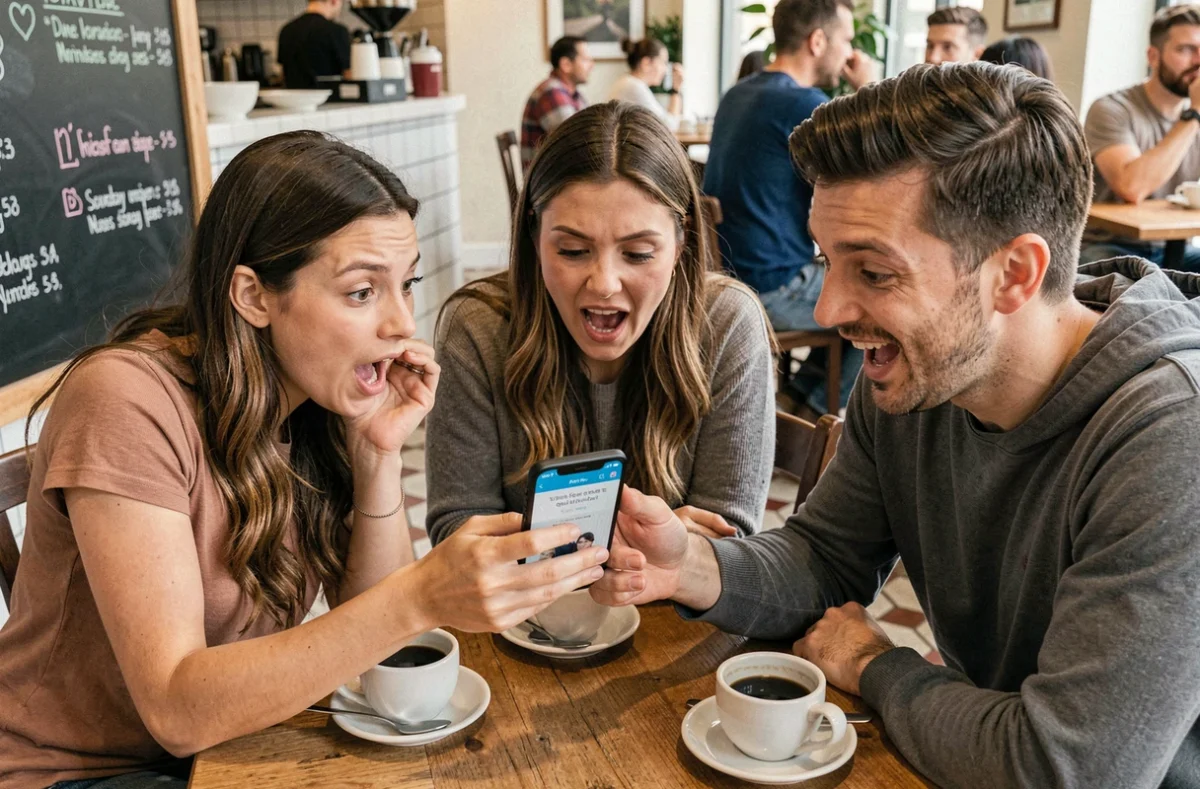 Groupe d'amis découvrant ensemble un quiz Archange sur smartphone dans un café animé, symbolisant la viralité sociale du quiz Leptithebdo en 2026