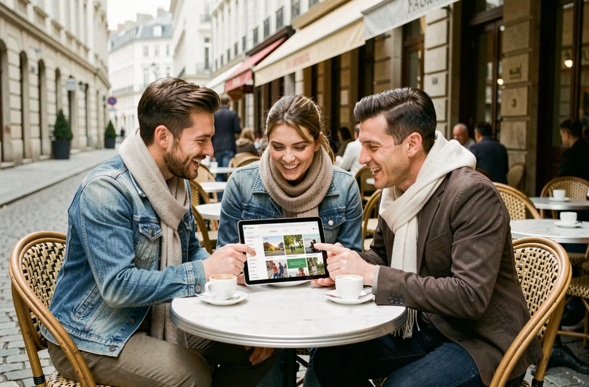Groupe d'amis comparant des plateformes de réservation d'activités comme Funbooker sur une tablette en terrasse de café