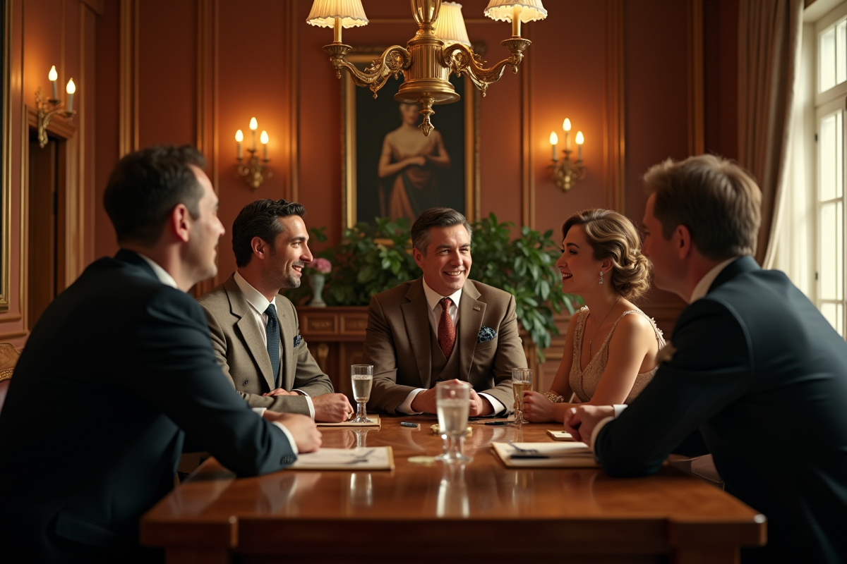 Groupe de personnes des années 1920 dans un salon art deco