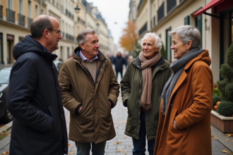 Groupe divers d'adultes et seniors discutant en ville en automne