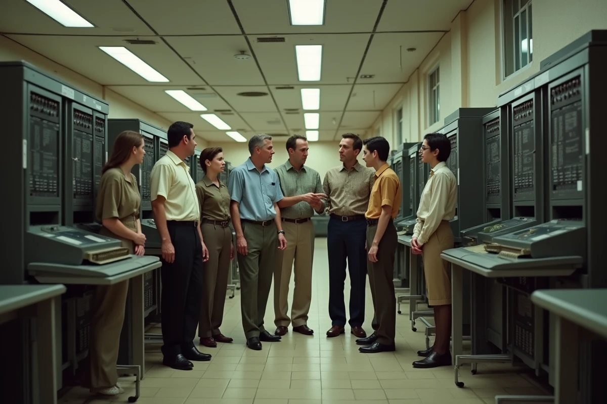 Groupe de personnes autour d un vieux ordinateur dans un laboratoire universitaire