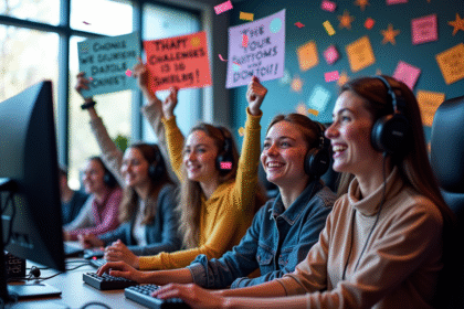 Groupe de jeunes streamers souriants avec signes de collecte