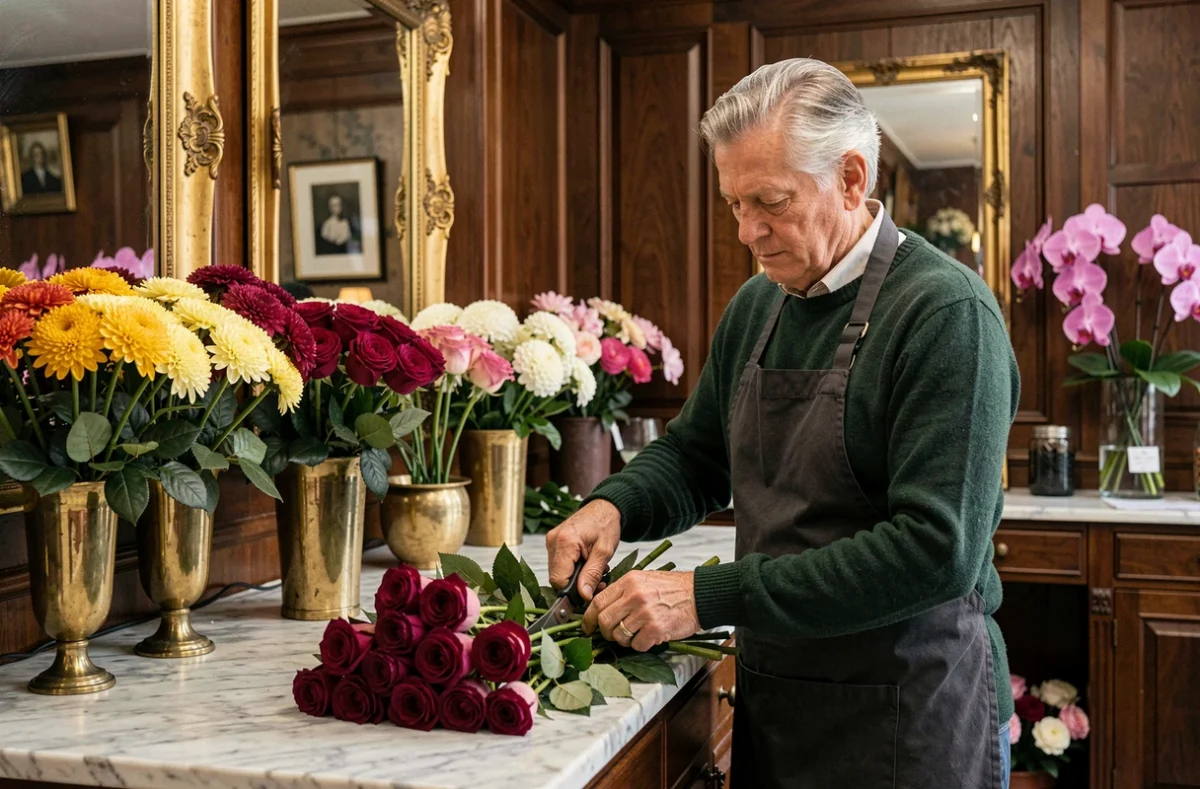 Fleuriste expérimenté Henry le Fleuriste à Clermont-Ferrand taillant des roses à tiges longues sur un comptoir en marbre dans une boutique classique