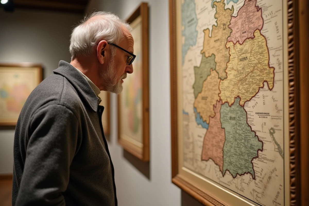 Historien examinant une carte ancienne des frontières des Lander allemands dans un musée