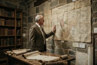 Historien examinant des arbres généalogiques royaux français dans une salle d'archives médiévale