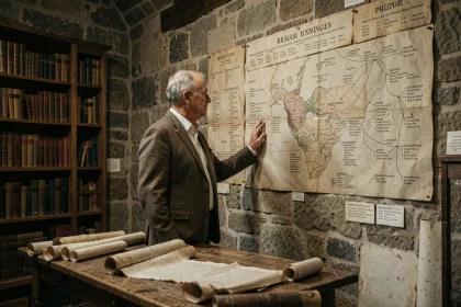 Historien examinant des arbres généalogiques royaux français dans une salle d'archives médiévale
