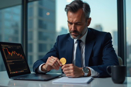 Homme d'affaires regardant une pièce de bitcoin dans un bureau moderne