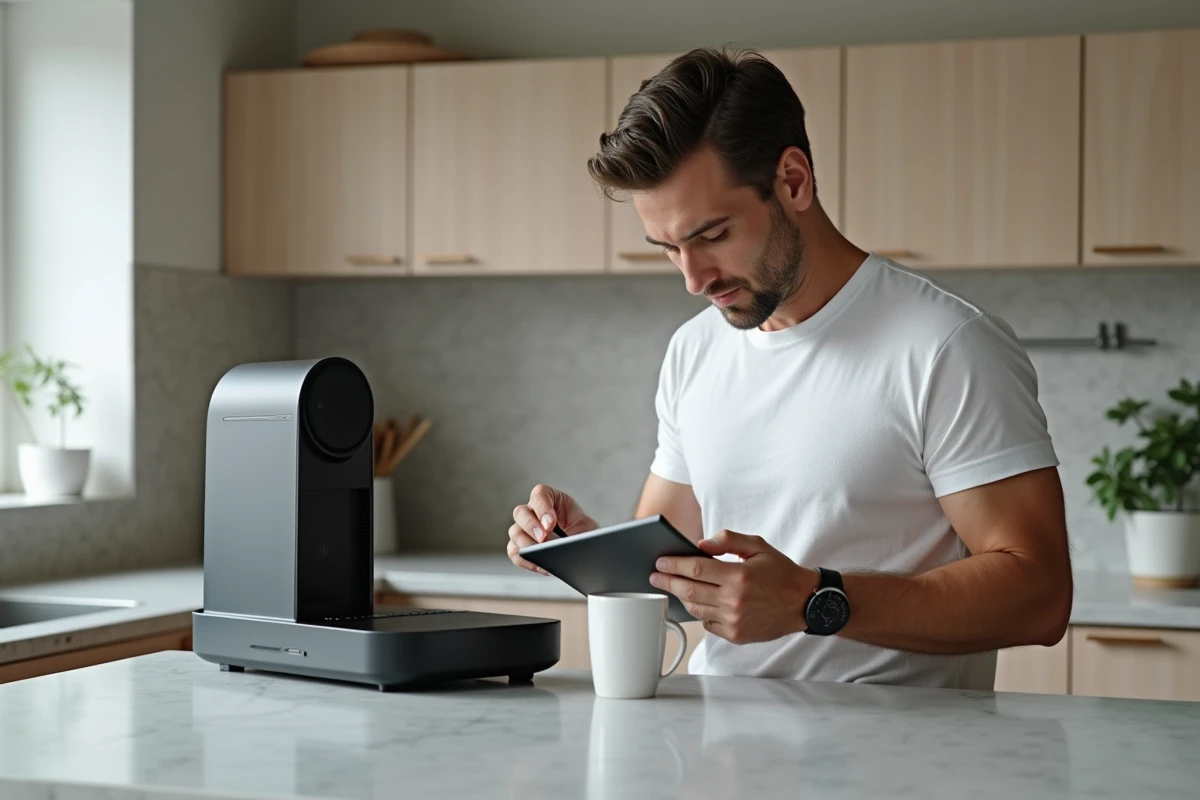 Homme assemblant un appareil électronique dans une cuisine lumineuse