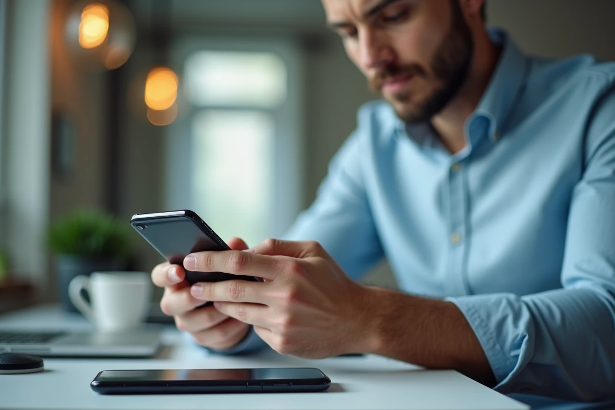 Homme configurant le blocage d'un numéro indésirable en 0568 depuis les paramètres de son smartphone