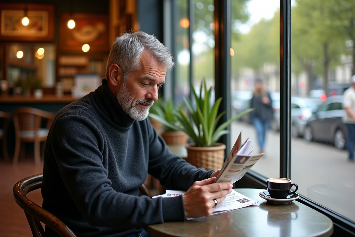 Homme lisant un programme du festival Pharenheit dans un café traditionnel du Havre