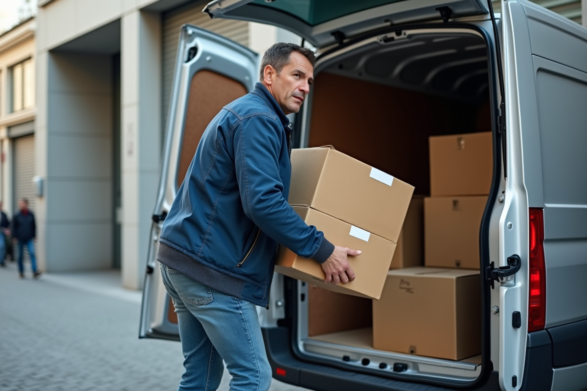 Homme chargeant des cartons dans une camionnette à Paris