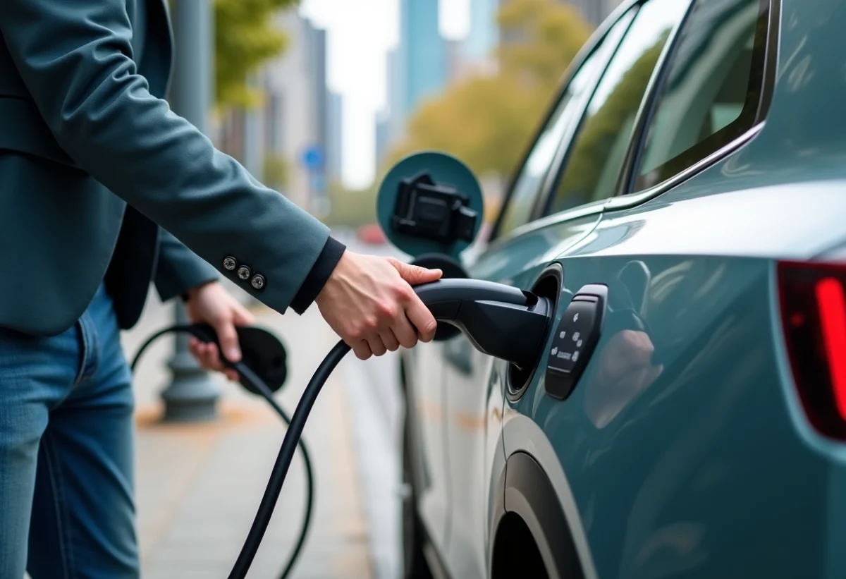 Homme branchant une voiture électrique dans une ville moderne