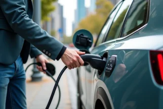 Homme branchant une voiture électrique dans une ville moderne