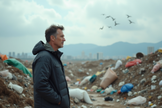 Homme d'âge moyen face à une décharge avec ville en arrière-plan