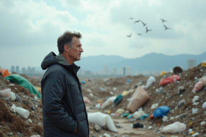 Homme d'âge moyen face à une décharge avec ville en arrière-plan
