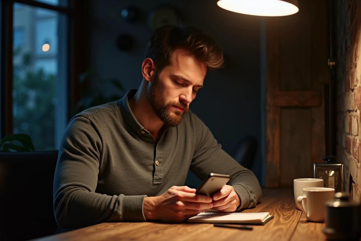 Homme concentré écrivant un message romantique bonne nuit sur son téléphone assis à un bureau en bois la nuit