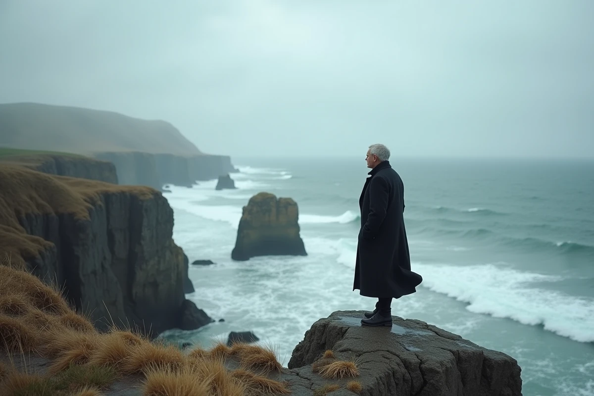 Homme solitaire contemplant une mer agitée depuis une falaise rocheuse, métaphore visuelle de l'état de nature hobbesien et de la condition humaine selon Leviathan